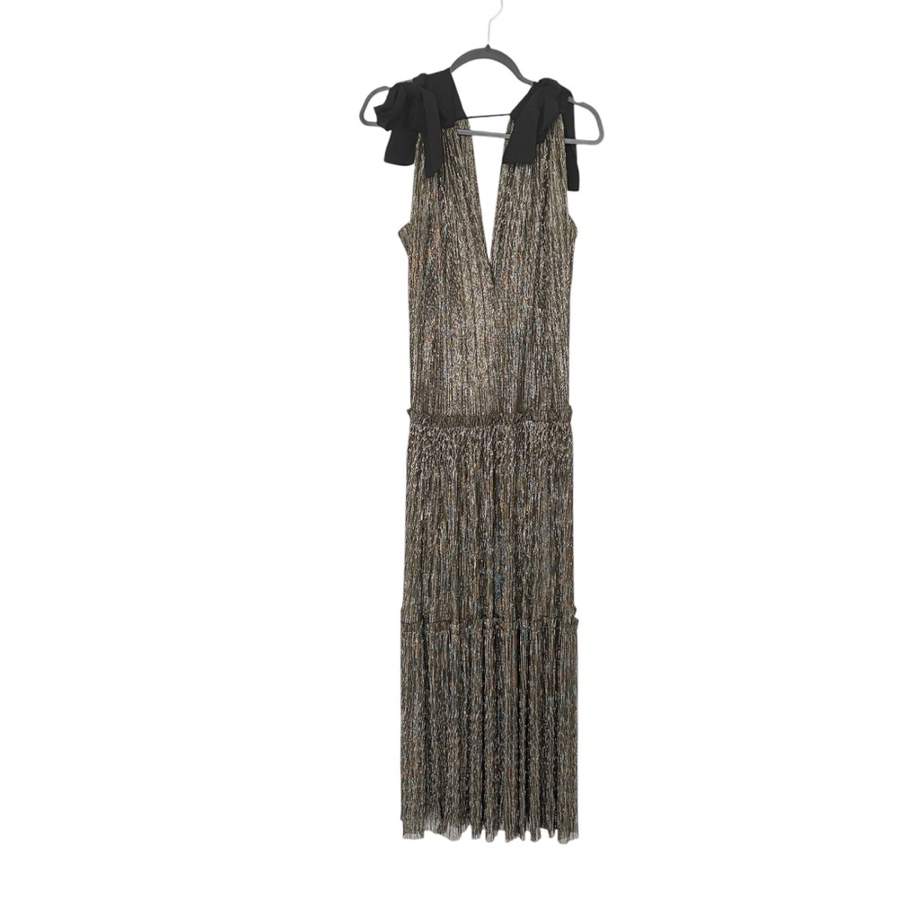 Sabina Musayev XL Ray Bow Maxi Dress Gold V Neck Tiered Disco Glam Party Evening - Picture 4 of 7